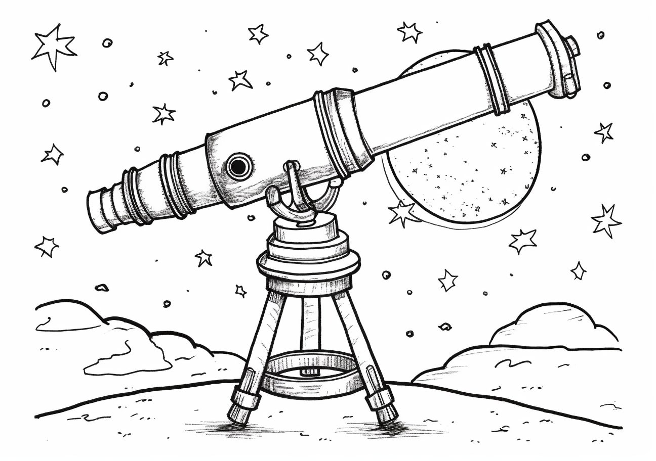 Space Coloring Pages, Telescope with stars sky